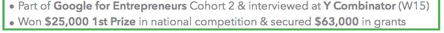 EC: History of success in startups, competitions. Strong communication skills recognized in competition. Thrives under pressure. Entrepreneur.